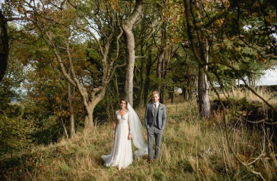 Portrait of bride and groom in sheffield countryside after town hall wedding